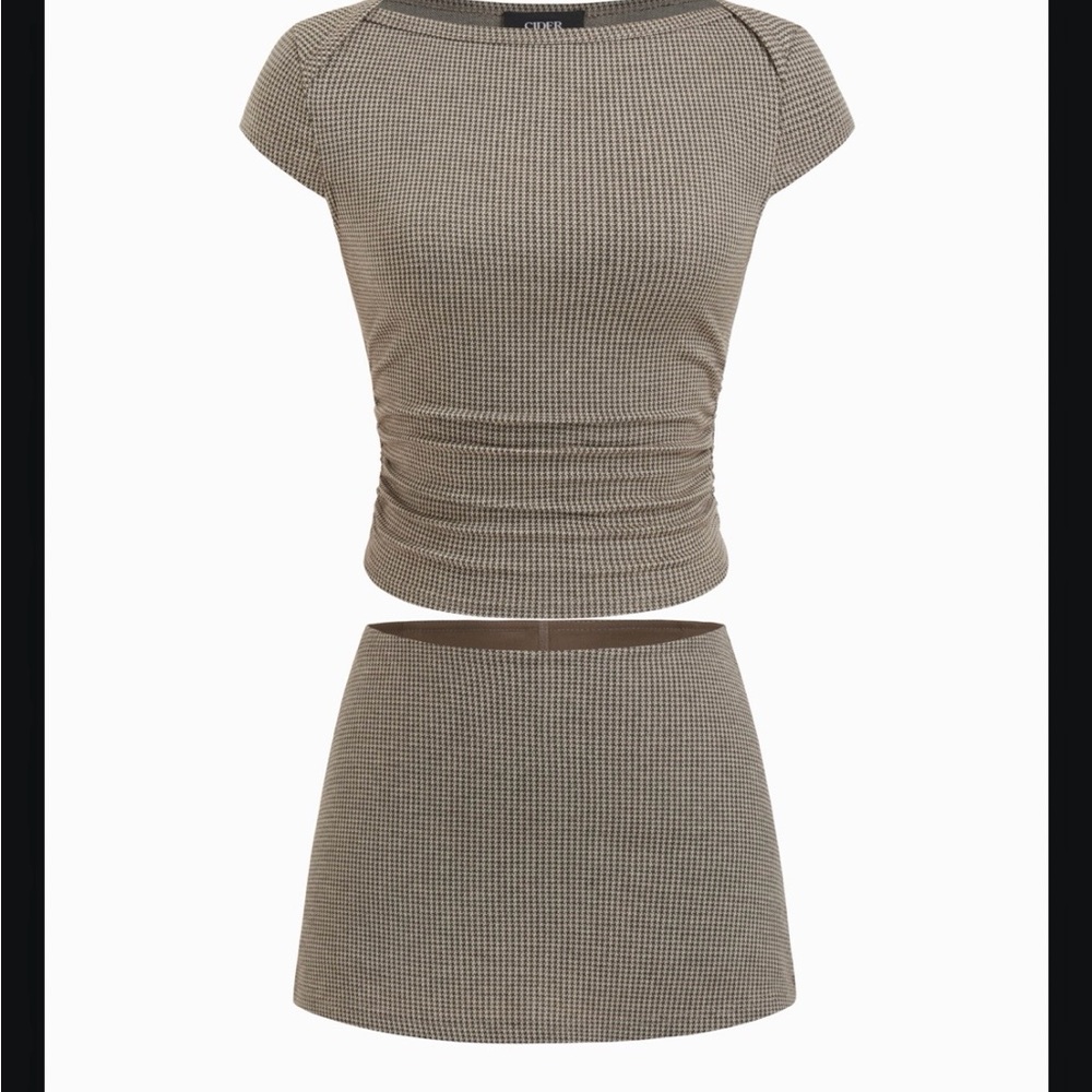 Cider Tan Checkered Skirt Set